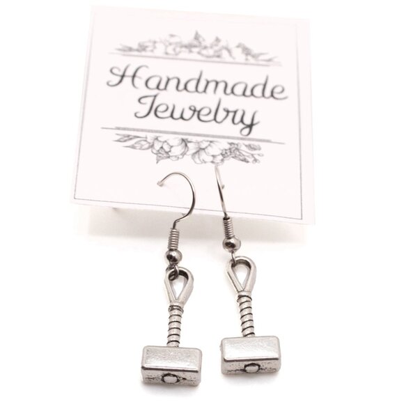 Handmade Silvertone Mjolnir (Marvel Thor's Hammer) Hanging Earrings, New - Picture 2 of 2